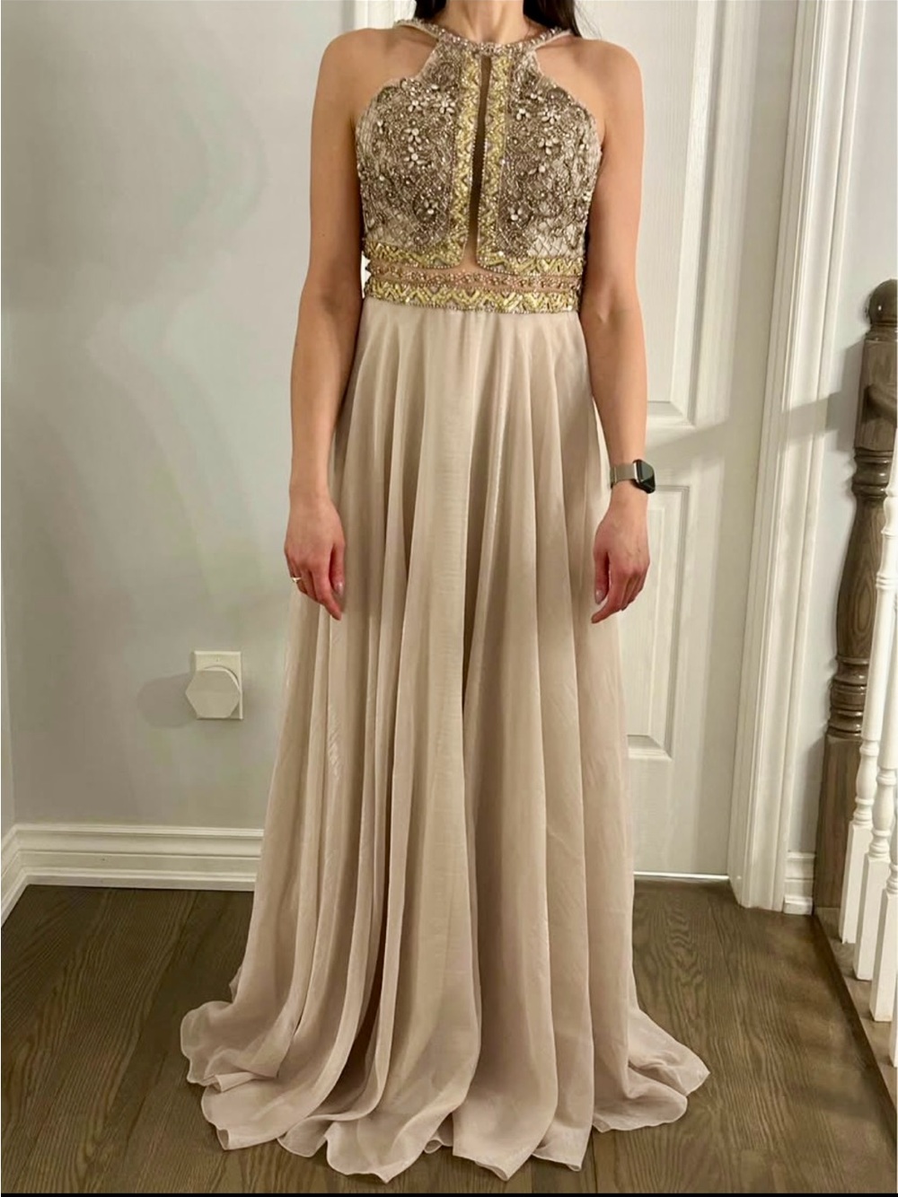 Jovani Beaded Halter Gown in Champagne and Gold Accents